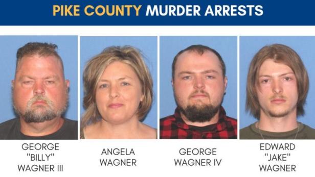 Mug shots of George “Billy” Wagner III; Angela Wagner; George Wagner IV; Edward "Jake" Wagner [Ohio Attorney General handout]