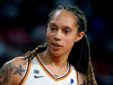 Brittney Griner at the WNBA Playoffs semifinals at Michelob ULTRA Arena on September 30, 2021 in Las Vegas, Nevada.