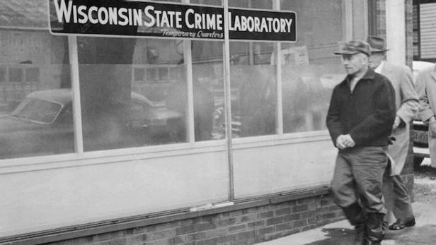 (Original Caption) Edward Gein, owner of Plainfield, Wisconsin farm where butchered body of Mrs. Bernice Worden was discovered hanging in a shed, is shown as he was taken to the state crime laboratory to face a lie detector test. Intensive detailed questioning on the lie detector was begun after preliminary tests proved him to be a suitable subject, cooperative and able to answer simple questions coherently. Results of the test have not been revealed.