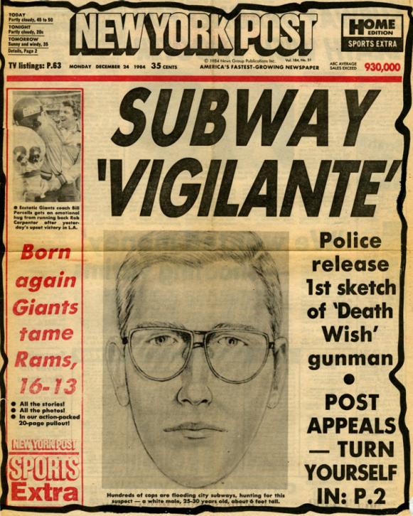 Subway Vigilante NY Post Front Page, December 24, 1984 - Bernard Goetz