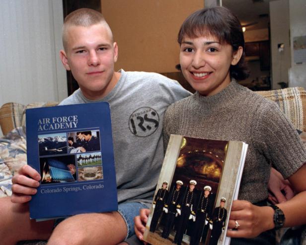 A June 24, 1996 Fort Worth Star-Telegram file photo of David Graham and fiance Diane Zamora after having received appointments to the U.S. Air Force Academy and Naval Academy, respectively.  (Robert J. Ruiz/Fort Worth Star-Telegram/TNS via Getty Images)