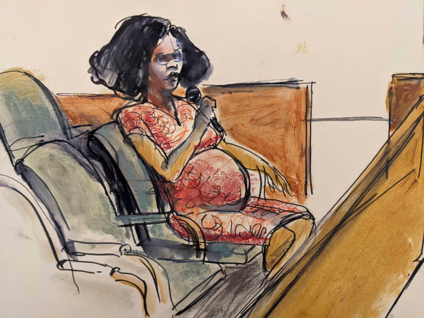 A courtroom sketch of Jerhonda Pace. She is seated, holding a microphone and wearing a reddish orange dress.