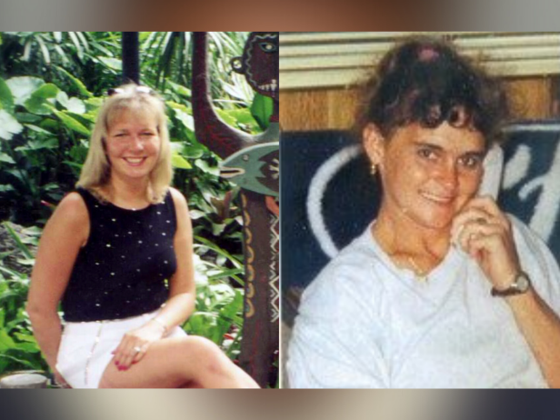 Allison Jackson-Foy sits in front a a jungle-like plant background wearing a black tank top and white bottoms. Angela Rothen wears a white t shirt with a brown watch.