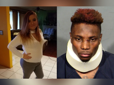 The left photo shows the fatal crash victim Tina Tintor standing with her hand on her hip, wearing a white sweater while smiling in a home setting. The booking photo on the right provided by Las Vegas Metropolitan Police Department shows former Las Vegas Raiders wide receiver Henry Ruggs III following his arrest Tuesday, Nov. 2, 2021. Ruggs is facing felony charges relating to a fiery vehicle crash early Tuesday in Las Vegas that left a woman dead and Ruggs and his female passenger injured. 