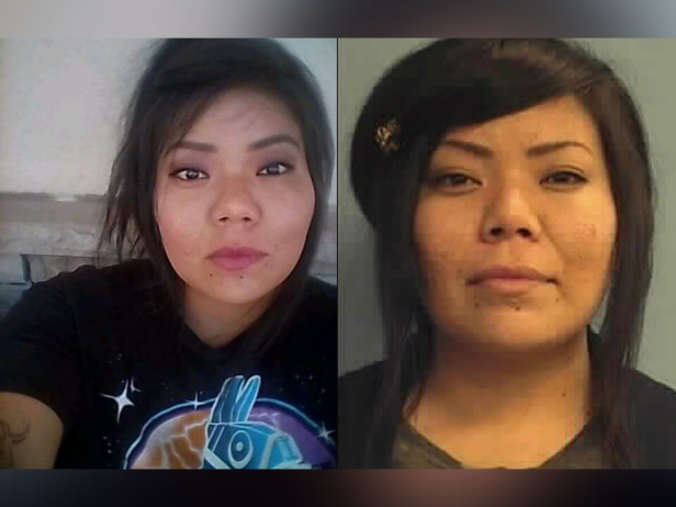 Left - selfie of Navajo woman Pepita Redhair who went missing in March 2020 in Albuquerque, New Mexico wearing a black t shirt in front of a white background, Right - Navajo woman Pepita Redhair ID photo in front of a gray background