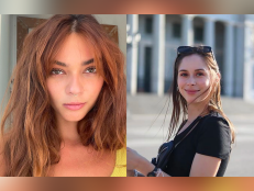(left) selfie of Christy Giles with reddish brown hair wearing a yellow tank (right) Hilda Marcela Cabrales-Arzola smiling in front of a white building sunglasses on her head and wearing a black t shirt brown hair sunny day