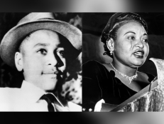 (left) Young Emmett Till wears a hat. Chicago native Emmett Till was brutally murdered in Mississippi after flirting with a white woman. (right) Mamie Bradley, mother of lynched teenager Emmett Till, cries as she recounts her son's death, Washington DC, October 22, 1955. 