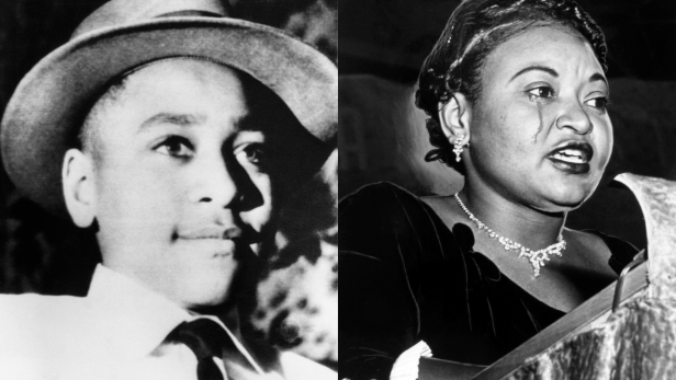 (left) Young Emmett Till wears a hat. Chicago native Emmett Till was brutally murdered in Mississippi after flirting with a white woman. (right) Mamie Bradley, mother of lynched teenager Emmett Till, cries as she recounts her son's death, Washington DC, October 22, 1955. 