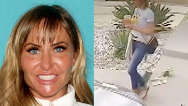 ID photo of Heidi Planck smiling in front of a light blue background (left); Security footage shows Heidi Planck leaving her home with her dog prior to arriving at her son's football game. (right)