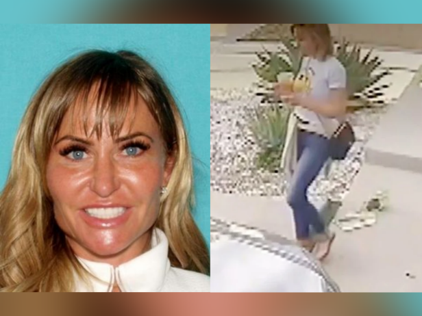 ID photo of Heidi Planck smiling in front of a light blue background (left); Security footage shows Heidi Planck leaving her home with her dog prior to arriving at her son's football game. (right)