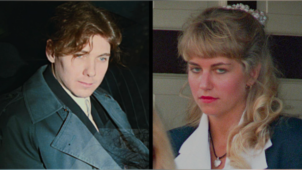 Side-by-side photos of Paul Bernardo with brown wavy hair and a trench coat and Karla Homolka with blond hair wearing a white shirt.