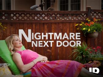 An image for Nightmare Next Door podcast. The image is of a blond woman in a pink dress on a green outdoor lounge chair. In the background is a wood fence, flowers and a man with a shovel.