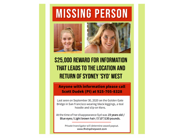 A green flyer with pictures of Sydney West, a white woman with light brown hair and blue eyes. Sydney has been missing since September 30, 2022.