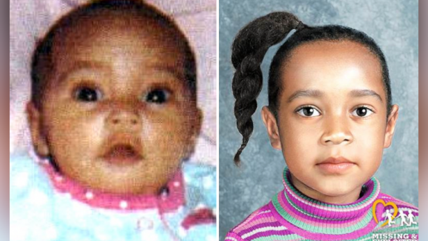 Zaylee Fryar is a biracial girl with brown eyes and black hair. An image on the left shows her as a baby with very short hair and an image on the right shows her age-progressed to 5 years with a side ponytail that is braided.