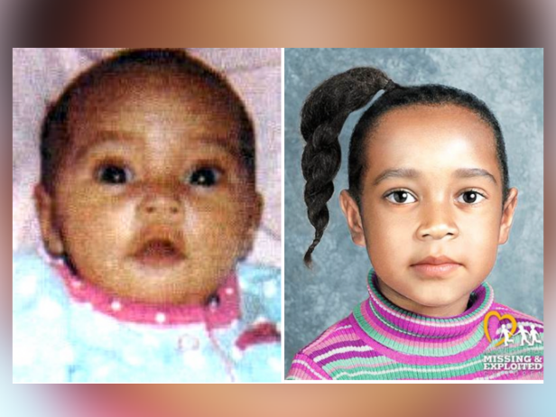 Zaylee Fryar is a biracial girl with brown eyes and black hair. An image on the left shows her as a baby with very short hair and an image on the right shows her age-progressed to 5 years with a side ponytail that is braided.