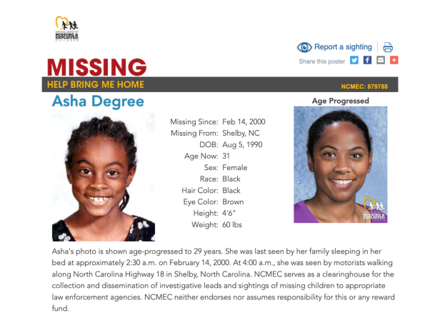 Asha is a Black female with black hair and brown eyes. The photo on the left is Asha at about age 9 and the photo on the right shows Asha age-progressed to 29 years.