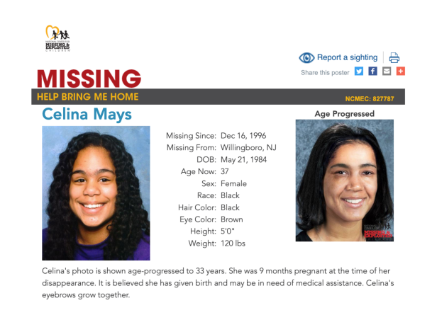 Celina's photo is shown age-progressed to 33 years. In the photo on the left she was 12-years-old. Celina was was 9 months pregnant at the time of her disappearance. She has black hair, brown eyes, and her eyebrows grow together.