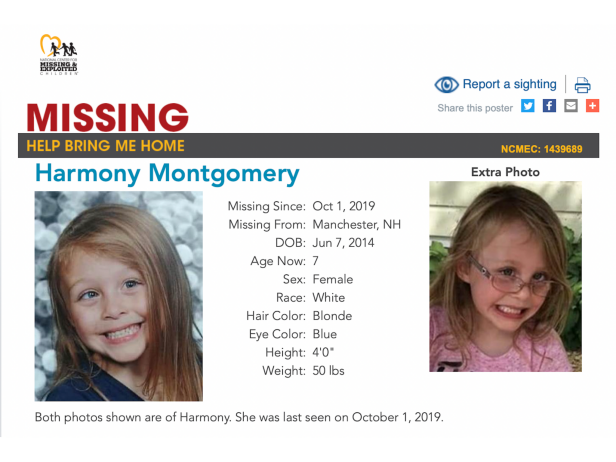 Photos of Harmony Montgomery at the age of 5 on a missing flyer. She is white with blonde hair and blue eyes. She sometimes wears glasses.