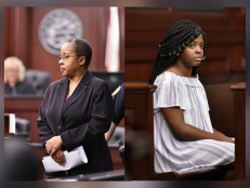 Gloria Williams is shown wearing a black blazer and glasses. (left) She pleaded guilty to the kidnapping of Kamiyah Mobley who is shown wearing a white dress (right).