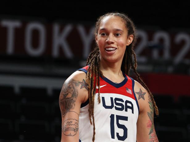 WNBA star Brittney Griner wears a white USA jersey at the 2020 Olympics in Tokyo, Japan.