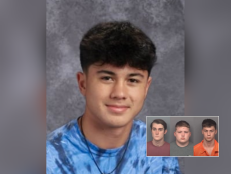 Cole Hagan was the victim of a beating by his football teammates. Cole is a teen with dark hair. Inset are the mugshots of the teens alleged to have attacked Cole: Ayden Holland, Logan Huber, and Reid Mitchell
