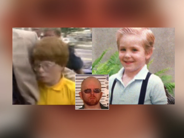 Eric Smith (l) during his outside his murder trial wearing a yellow shirt. He has red hair and wire frame glasses. Derrick Robie (r) was Smith's 4-year-old victim. He had blonde hair, a light green shirt, and navy suspenders. Also show (inset) is a recent mug shot of Eric Smith. He is posed in front of a height measurement background. He is bald, has a beard and moustache, and is wearing sunglasses.