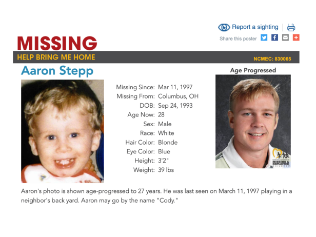 Aaron "Cody" Stepp shown as a toddler and age progressed to 27 years. Dansby is a white male with blonde hair and blue eyes. Stepp disappeared from his grandmother's Columbus, OH backyard in March 1997.
