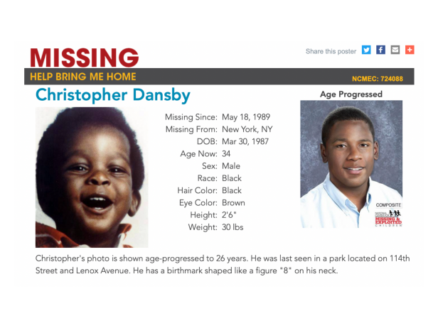 Christoper Dansby shown as a toddler and age progressed to 26 years. Dansby is a Black male with black hair and brown eyes. Dansby disappeared in 1989 from a NYC park.