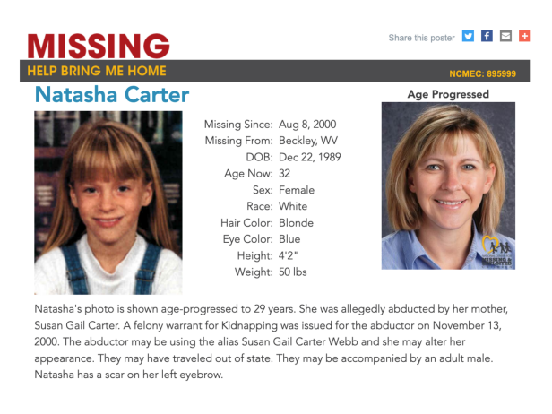 Natasha "Alex" Carter's photo is shown age-progressed to 29 years. She was 7-years-old when she was abducted in August 2000.