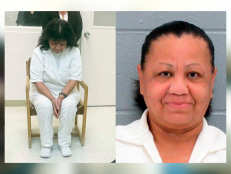Melissa Lucio, dressed in white, praying in a room at the Mountain View Unit in Gatesville, Texas [left]. A close-up photo of Melissa Lucio [right].