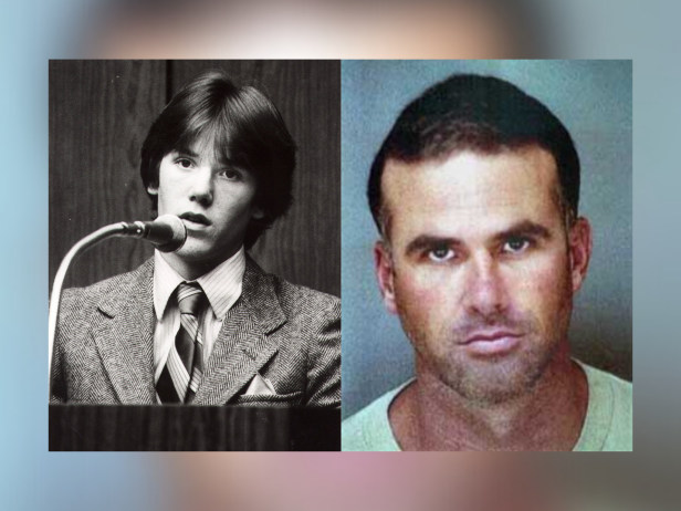 Steven Stayner as he testifies about his abduction in 1972 by Kenneth Eugene Parnell and his seven years in captivity [left]; Cary Stayner's mug shot after being arrested in connection with the murder of four women [right].