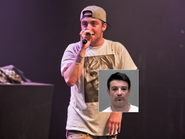 Rapper Mac Miller performs at La Cigale on September 8, 2011 in Paris, France. He's wearing a backwards baseball cap and white t-shirt [main image]. Also shown is Ryan Reavis who is charged with supplying Miller with fentanyl-laced drugs [inset].