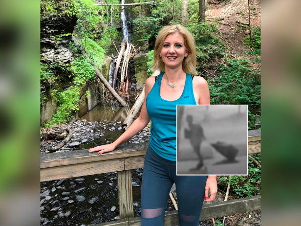 Orsolya Gaal's body was discovered on April 16, 2022 in near her Queens, New York home. She had been stabbed nearly 60 times in the neck, torso, and left arm, placed in a black Bauer hockey duffel bag. Gaal has blonde hair and is shown in front of a waterfall wearing a teal sleeveless top and black leggings. Also shown inset is security camera footage of a person rolling a duffle bag.