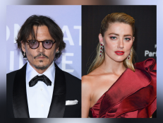On the left, Johnny Depp is pictured wearing a tuxedo at the Monte-Carlo Gala For Planetary Health in September 2020. On the right, Amber Heard is pictured wearing a red dress at the Cannes Film Festival in May 2019. 