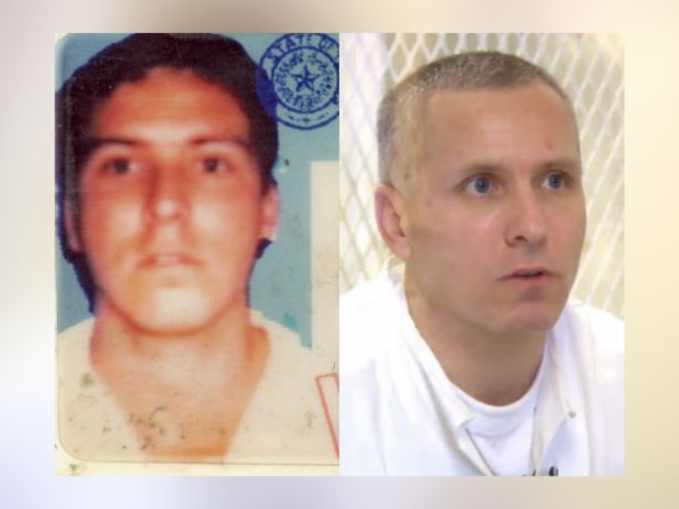 Dennis Wayne Hope has been in solitary confinement since 1994, shown here in his Texas inmate ID photo [left] and in a more recent interview [right]. 