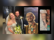 Newlywed couple Talon Rodgers and Alisa Wash were fatally shot in Virginia, shown here in a wedding photo. Talon's brother, Collin, is missing and considered endangered. He has dark blonde hair and brown eyes.