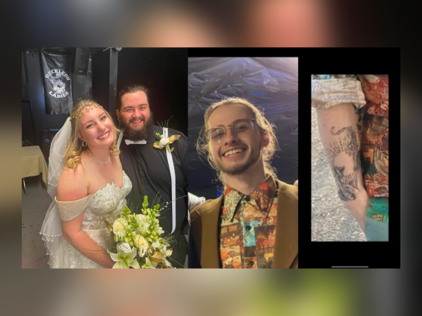 Newlywed couple Talon Rodgers and Alisa Wash were fatally shot in Virginia, shown here in a wedding photo. Talon's brother, Collin, is missing and considered endangered. He has dark blonde hair and brown eyes.
