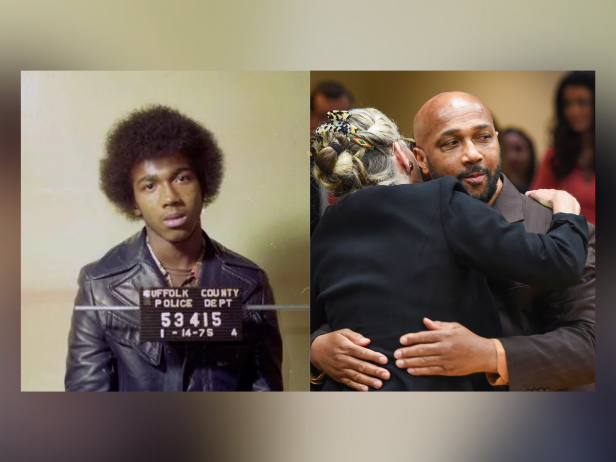17-year-old Keith Bush in his mug shot photo in 1975 [left]; Keith Bush is embraced by his attorney, Adele Bernhard, Wednesday, May 22, 2019 after murder charges against him were vacated [right].