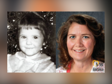 Elizabeth Gill at two years old [left]; Elizabeth Gill age progressed to 59 years old. She is a white female and has brown hair and blue eyes. 