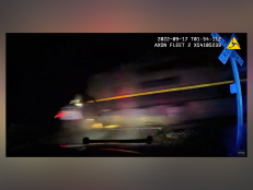 Body-cam footage from the Sept. 16, 2022, crash in which a train hit a Platteville, Colorado police car parked on train tracks with a handcuffed woman inside.