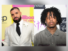 Drake, winner of the Artist of the Decade Award, poses backstage for the 2021 Billboard Music Awards, broadcast on May 23, 2021 at Microsoft Theater in Los Angeles, California [left]; 21 Savage attends RTA X Savage Collection Launch at Saks Fifth Avenue Atlanta on October 6, 2022 in Atlanta, Georgia [right].