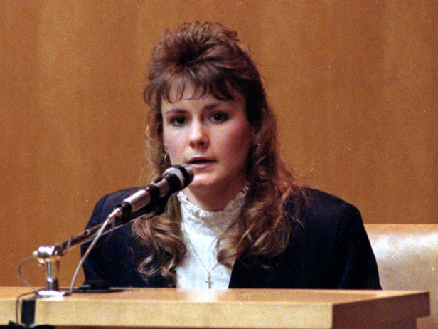 In a Monday, March 18, 1991 file photo, Pamela Smart answers questions from the defense in her murder conspiracy trial in Rockingham County Superior Court in Exeter, N.H.