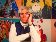 American Pop artist Andy Warhol (1928 - 1987) sits in front of several paintings in his 'Endangered Species' at his studio, the Factory, in Union Square, New York, New York, April 12, 1983.