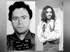 A Feb. 1980 police mug shot of murder suspect Ted Bundy [left]; Charles M. Manson, charged in the killings of actress Sharon Tate and six others, walks to courtroom in Los Angeles, Feb. 10, 1970 [right].